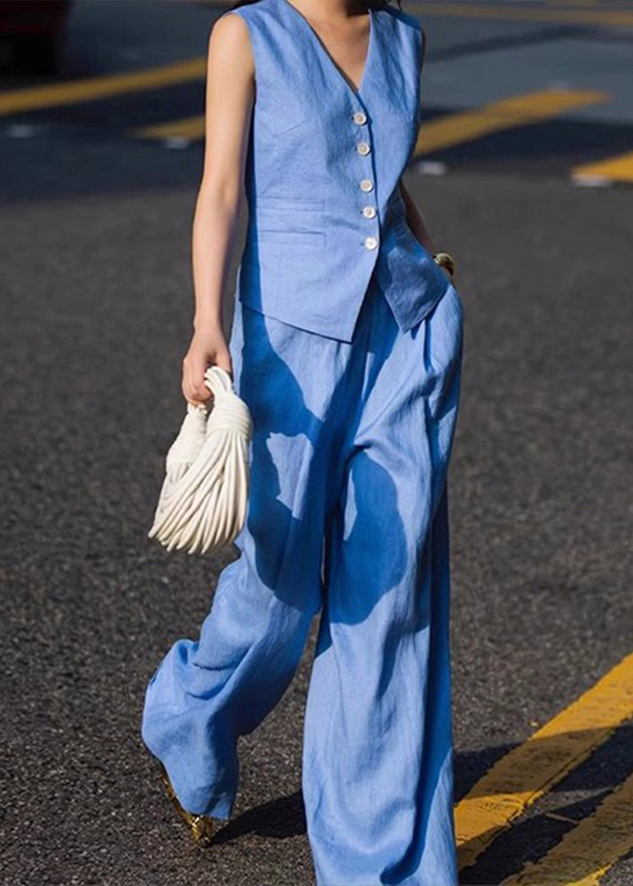 Elegant Blue V Neck Button Waistcoat And Straight Pants Two Pieces Set Sleeveless