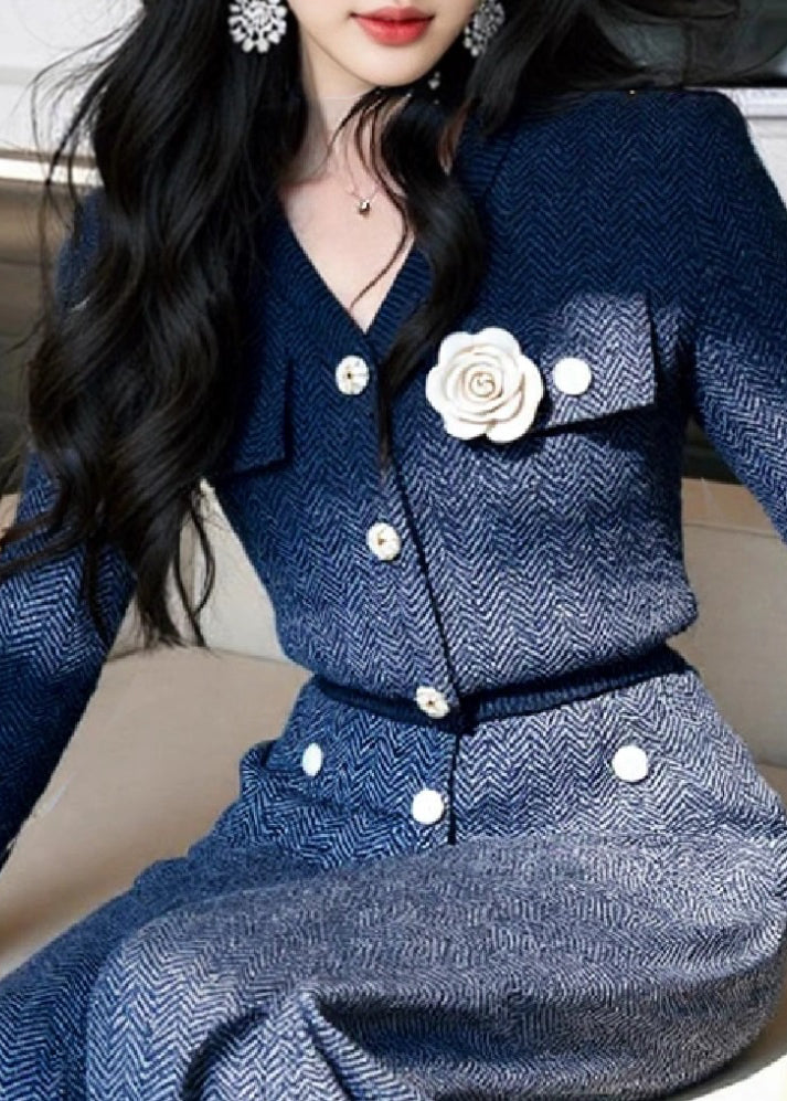 Elegant Blue V Neck Floral Knit Two Pieces Set Fall