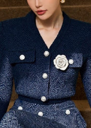 Elegant Blue V Neck Floral Knit Two Pieces Set Fall