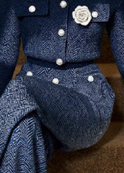 Elegant Blue V Neck Floral Knit Two Pieces Set Fall