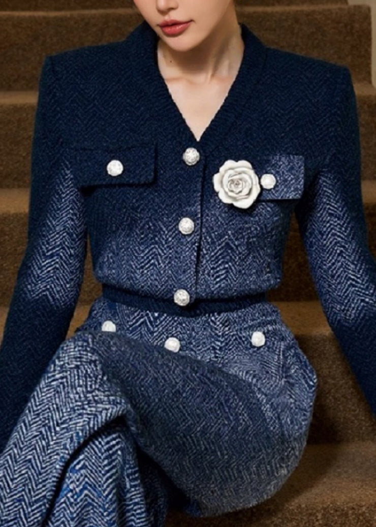 Elegant Blue V Neck Floral Knit Two Pieces Set Fall