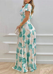 Elegant Blue V Neck Print Cotton Maxi Dresses Petal Sleeve