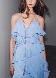 Elegant Blue V Neck Ruffled Chiffon Spaghetti Strap Dress Sleeveless