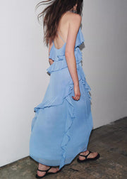 Elegant Blue V Neck Ruffled Chiffon Spaghetti Strap Dress Sleeveless