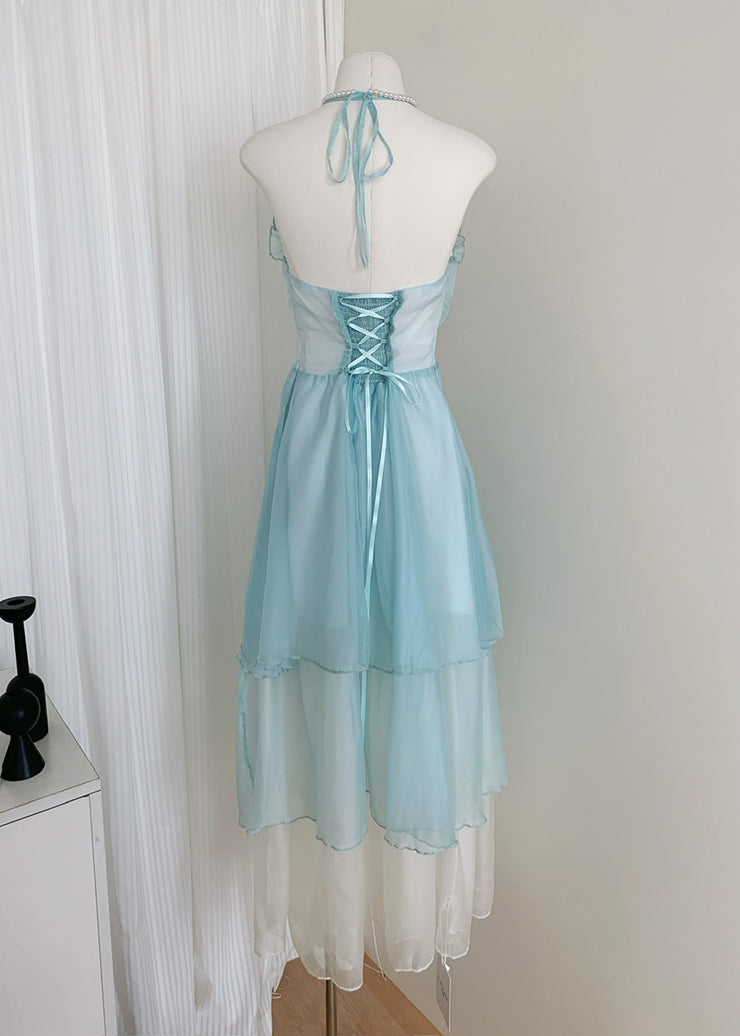 Elegant Blue V Neck Ruffled Lace Up Chiffon Long Dresses Sleeveless