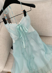 Elegant Blue V Neck Ruffled Lace Up Chiffon Long Dresses Sleeveless