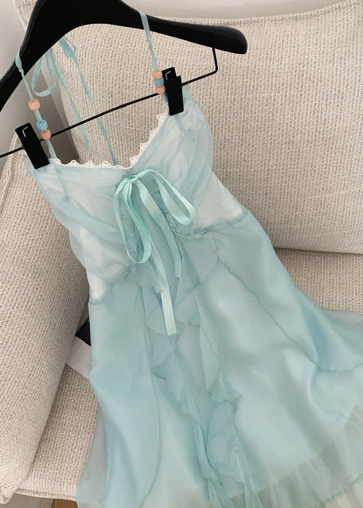 Elegant Blue V Neck Ruffled Lace Up Chiffon Long Dresses Sleeveless