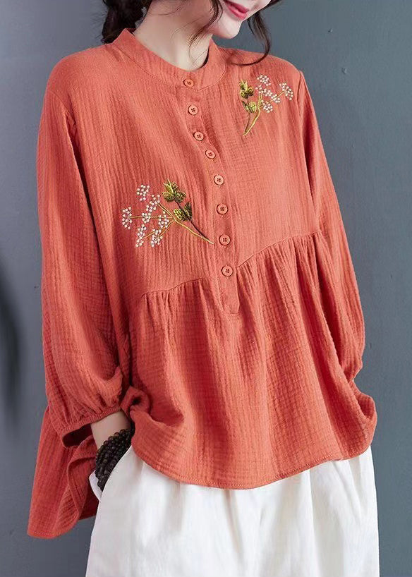 Elegant Brick Red Embroidered Cotton Tops Summer