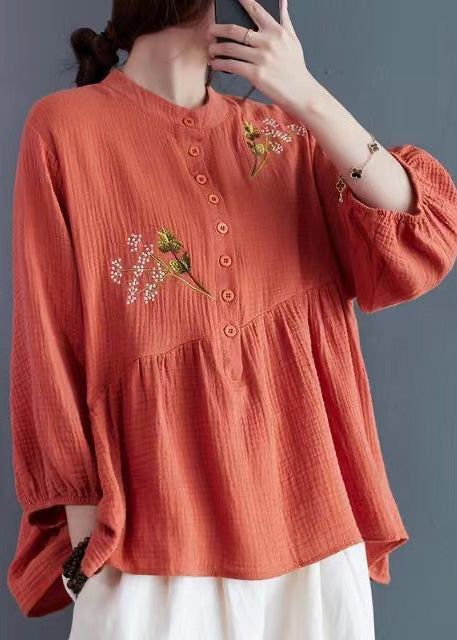Elegant Brick Red Embroidered Cotton Tops Summer