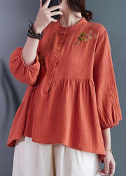 Elegant Brick Red Embroidered Cotton Tops Summer