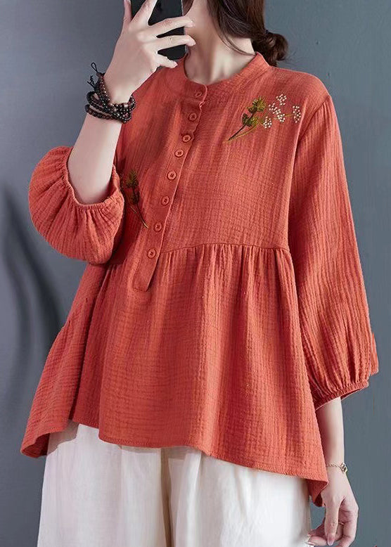 Elegant Brick Red Embroidered Cotton Tops Summer