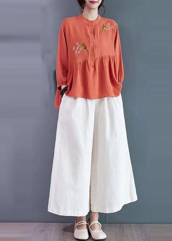 Elegant Brick Red Embroidered Cotton Tops Summer
