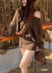 Elegant Brown Cold Shoulder Silm Fit Knit Sweater Dress Spring