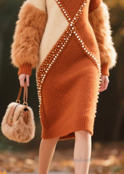 Elegant Brown Faux Fur Patchwork Nail Bead Knitwear Dress Winter