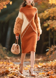 Elegant Brown Faux Fur Patchwork Nail Bead Knitwear Dress Winter