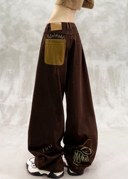 Elegant Brown Oversized Patchwork Applique Denim Pants Spring
