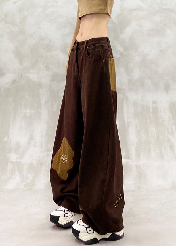 Elegant Brown Oversized Patchwork Applique Denim Pants Spring