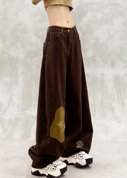 Elegant Brown Oversized Patchwork Applique Denim Pants Spring