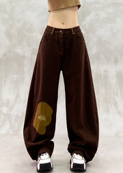 Elegant Brown Oversized Patchwork Applique Denim Pants Spring