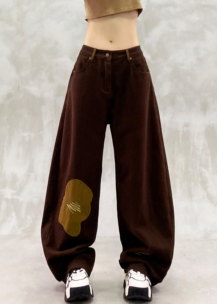 Elegant Brown Oversized Patchwork Applique Denim Pants Spring