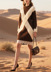 Elegant Brown Oversized Patchwork Lace Knit Sweater Dress Winter