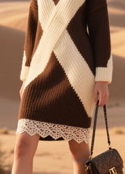 Elegant Brown Oversized Patchwork Lace Knit Sweater Dress Winter