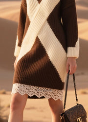Elegant Brown Oversized Patchwork Lace Knit Sweater Dress Winter