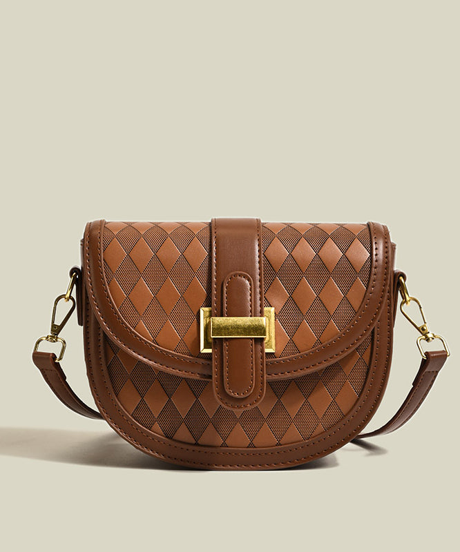 Elegant Brown Plaid Solid Durable Faux Leather Saddle Bag