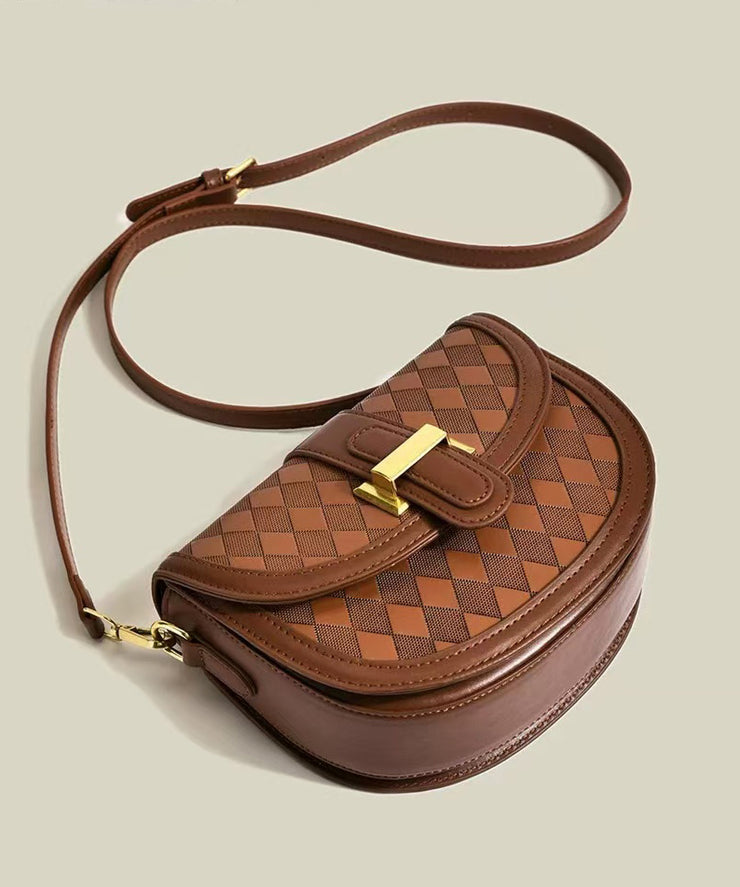Elegant Brown Plaid Solid Durable Faux Leather Saddle Bag