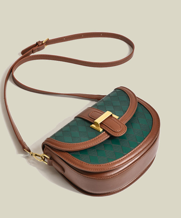 Elegant Brown Plaid Solid Durable Faux Leather Saddle Bag