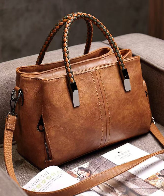 Elegant Brown Solid Durable Calf Leather Tote Handbag