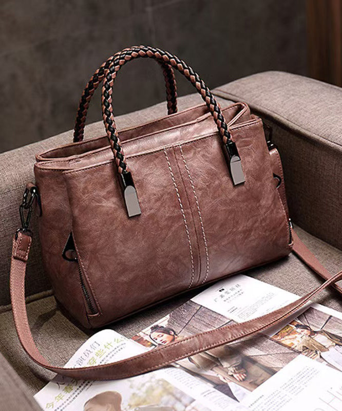 Elegant Brown Solid Durable Calf Leather Tote Handbag