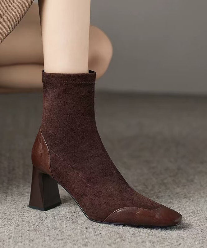 Elegant Brown Splicing Suede Chunky Heel Boots