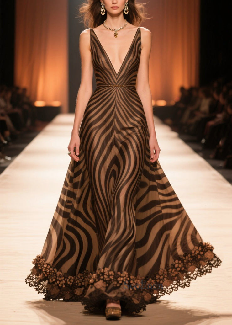 Elegant Brown V Neck Striped Chiffon Long Dresses Summer