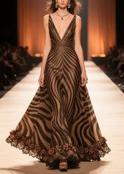 Elegant Brown V Neck Striped Chiffon Long Dresses Summer