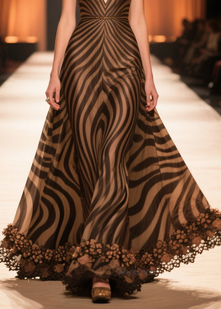 Elegant Brown V Neck Striped Chiffon Long Dresses Summer