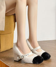 Elegant Buckle Strap Splicing Chunky High Heels Beige Fuzzy Fur