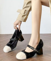 Elegant Buckle Strap Splicing Chunky High Heels Beige Fuzzy Fur
