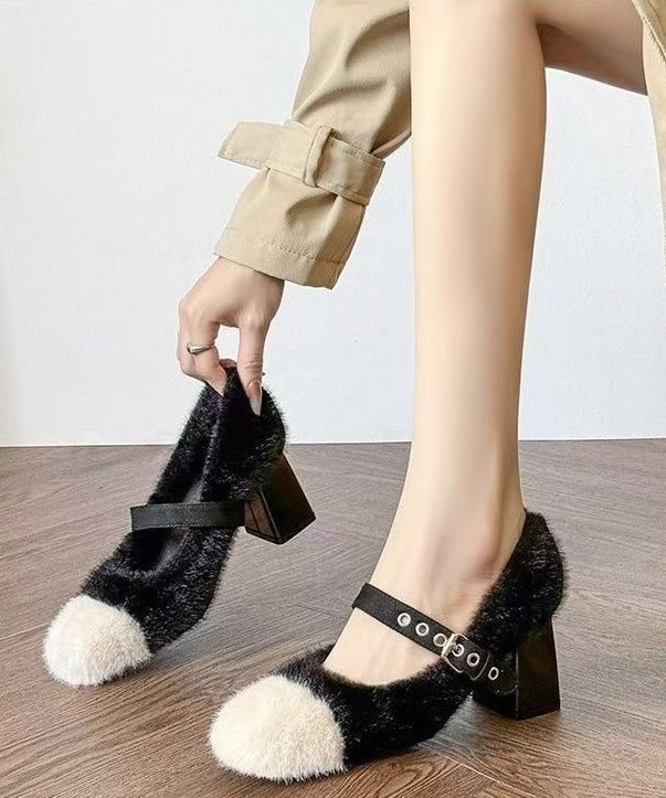 Elegant Buckle Strap Splicing Chunky High Heels Beige Fuzzy Fur