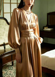 Elegant Caramel Cinched Ice Silk Long Dress Spring
