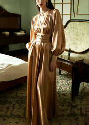 Elegant Caramel Cinched Ice Silk Long Dress Spring