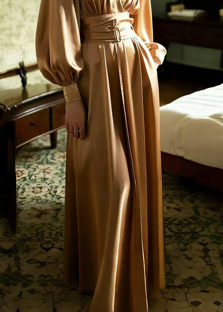 Elegant Caramel Cinched Ice Silk Long Dress Spring