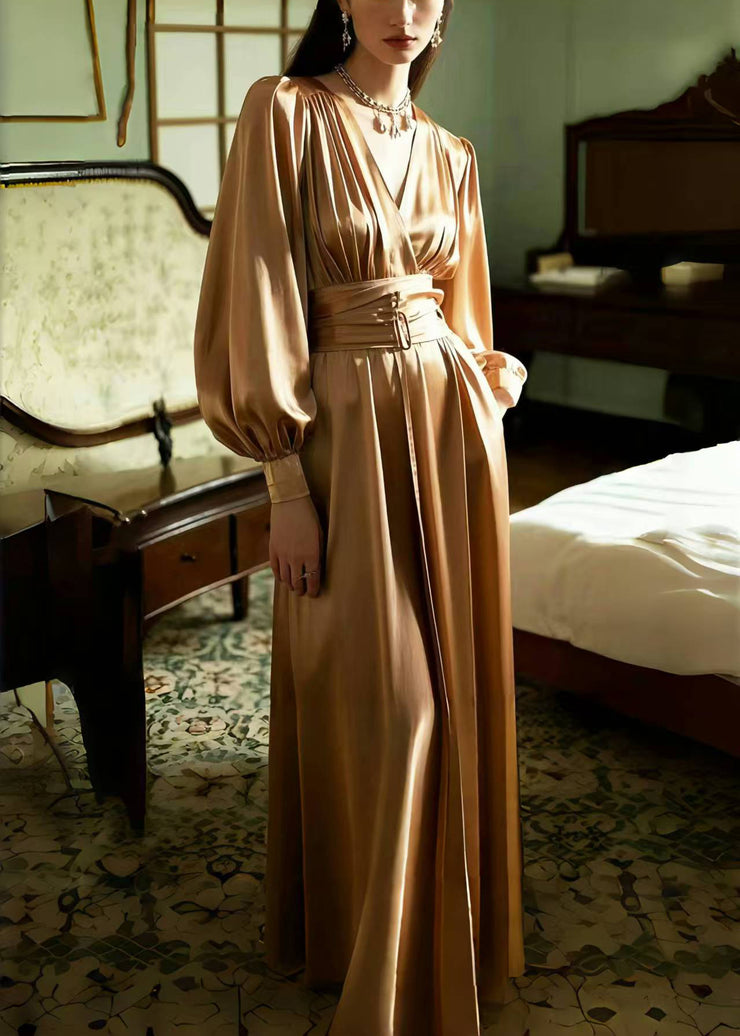 Elegant Caramel Cinched Ice Silk Long Dress Spring