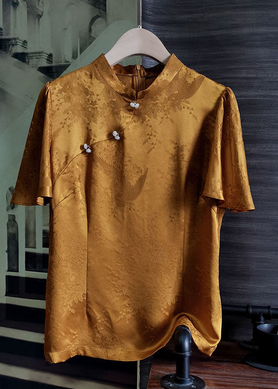 Elegant Caramel Stand Collar Patchwork Silk Tops Short Sleeve