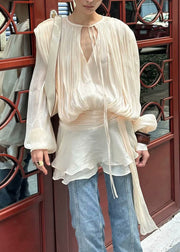 Elegant Champagne Color Wrinkled Lace Up Silk Two Piece Set Fall