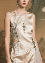 Elegant Champagne Jacquard Tulle Patchwork Silk Dresses Sleeveless