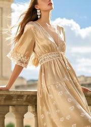 Elegant Champagne V Neck Print Silk Long Dress Summer