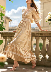 Elegant Champagne V Neck Print Silk Long Dress Summer