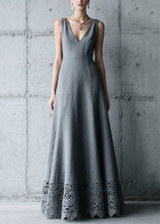 Elegant Charcoal Grey V Neck Patchwork Cotton Long Dress Summer