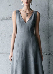 Elegant Charcoal Grey V Neck Patchwork Cotton Long Dress Summer